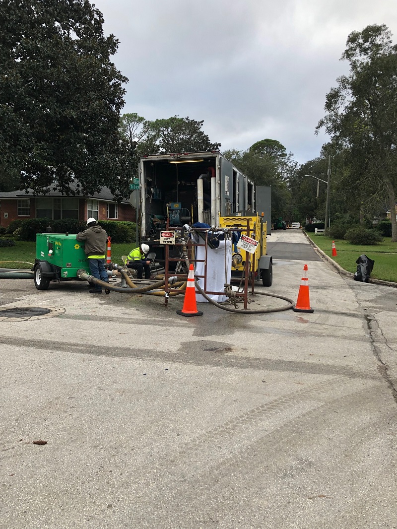 Sewer pipe lining truck and equipment on Tiber-Olive project